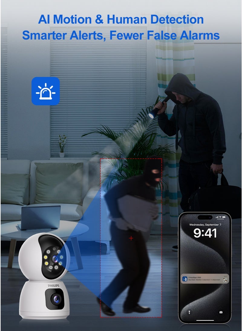 Philips Dual-Lens 360° WiFi Security Camera, 1080P AI-Enhanced Video (2K-Like), Smart Wireless Home IP Camera, Motion Detection, Auto Tracking, Night Vision, Two-Way Audio, Baby Camera, Supports MicroSD up to 128GB - Image 5